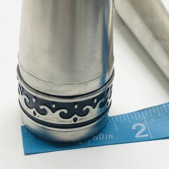 Vintage Salt And Pepper Shaker Set Stainless Steel Deluxe Black Wave Inlay Japan - Picture 9 of 12